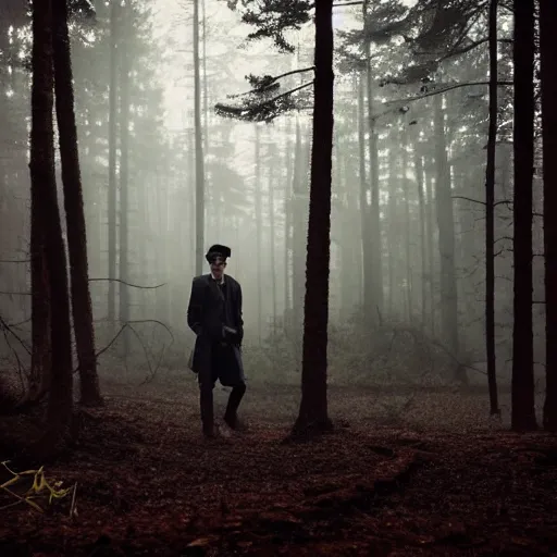 Image similar to thomas shelby in a hazy forest at dusk, film still, glowing light, moody lightning, stunning photo dslr, hyper realistic, intricate environment