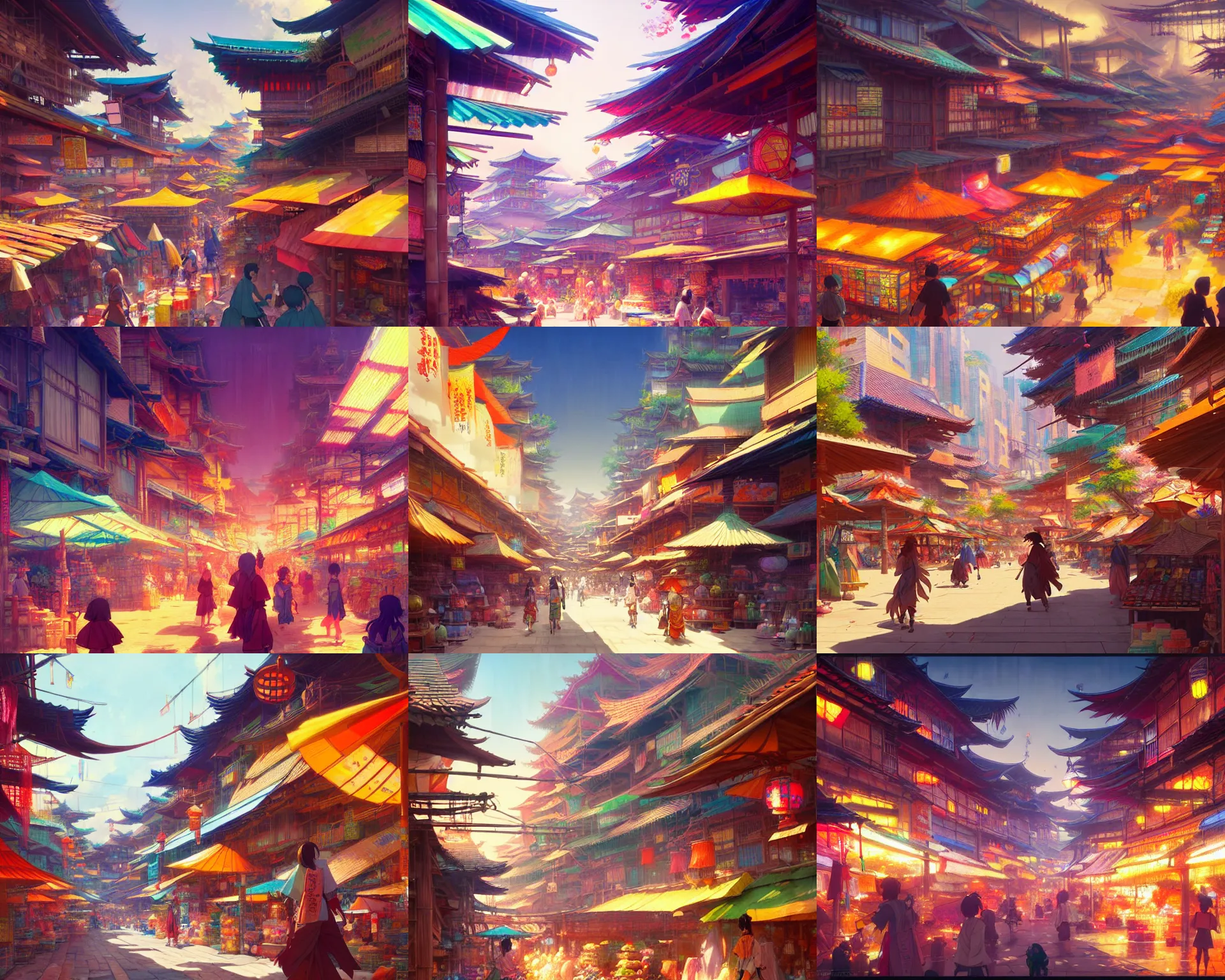 Prompt: colorful marketplace in a great kitsune city, bamboo, anime, a fantasy digital painting by Greg Rutkowski and James Gurney, trending on Artstation, highly detailed