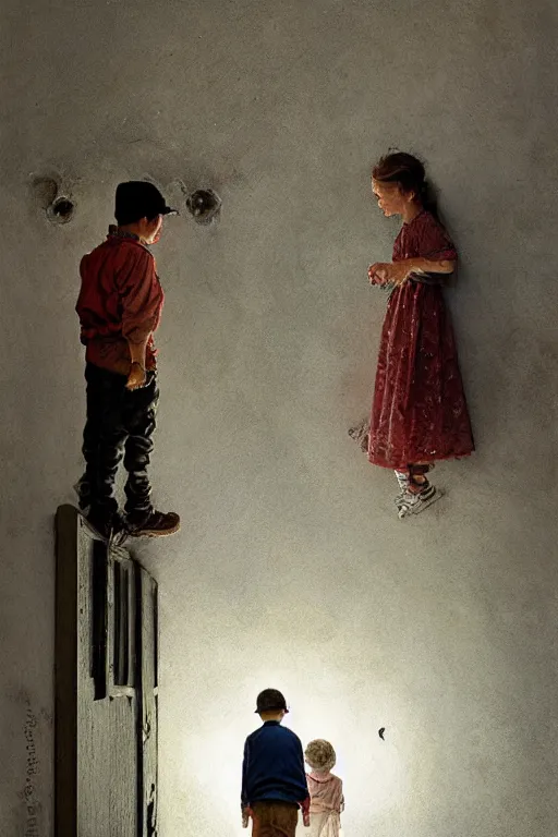 Image similar to a 1 2 year old boy and 3 year old girl looking at a wall full of ghosts, part by norman rockwell, part by greg rutkowski, part by mattias adolfsson, high angle, ( ( ( ( volumetric lighting ) ) ) ), oil on canvas