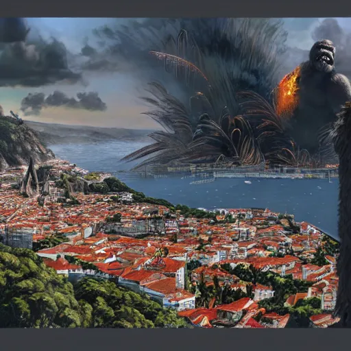 Prompt: king kong destroying funchal's city bay near the streets, trampled, by caio fantinim, trending on artstation, award winning