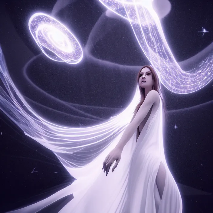 Image similar to a beautiful female goddess, in a flowing white translucent gown, entwined by light frequencies and wiring, octane render, floating in the universe, surrounded by stars and black holes, darkly surreal, light shining through, hyper - realistic, highly detailed, sharp focus, smooth, intricate