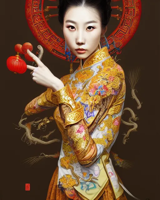 Image similar to pretty chinese model with hallucination mushroom, machine face, upper body, decorated with chinese opera motifs, asian, traditional chinese art, intricate, elegant, highly detailed, digital painting, artstation, concept art, smooth, sharp focus, illustration, art by artgerm and greg rutkowski and alphonse mucha, 8 k