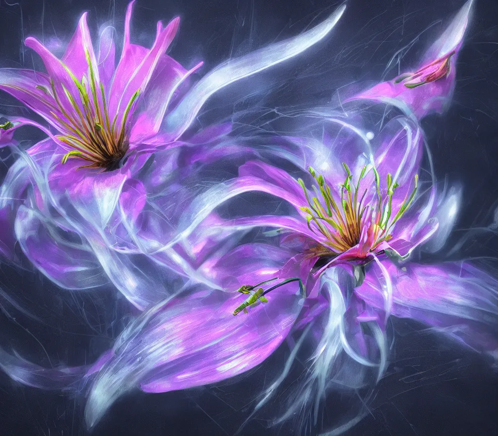 Image similar to detailed fantastic flower lily by artstation lucas parolin, dark night, neon lights, reflections ray, tracingstar trails, dramatic light, fluffy clouds, digital painting, igh detailed, 8 k render, perfect shape, hyperrealistic