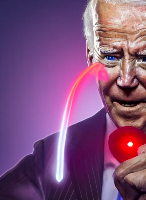 Image similar to hyper realistic ultra realistic terror photo furious red glowing laser eyes biden, high quality photo, detailed , 8k