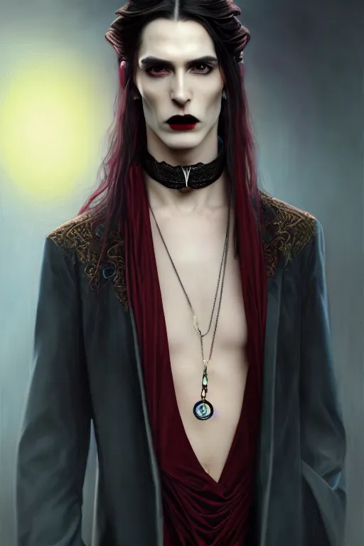 Image similar to a beautiful androgynous man, long hair, tall and thin, vampire, dressed in velvet, wearing several pendants and a choker, illustration, dramatic lighting, soft details, painting oil on canvas, art nouveau, octane render, hdr, 4 k, 8 k, hd, by edmund blair leighton, brom, charlie bowater, faces by otto schmidt