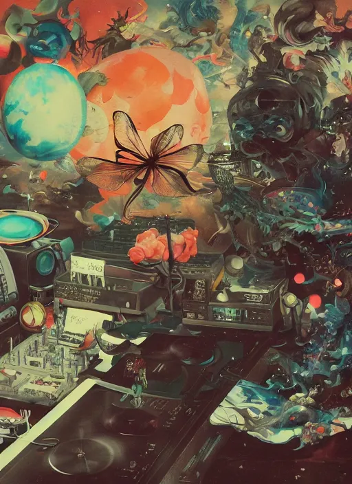 Prompt: surreal gouache painting, by yoshitaka amano, by ruan jia, by Conrad roset, by good smile company, detailed anime 3d render of a chemical flying Vinyl records close to the DJ Mixer, deck surrounded by chemical Dragonflies, Vinyl records, controller, portrait, cgsociety, artstation, rococo mechanical and Digital and electronic, dieselpunk atmosphere