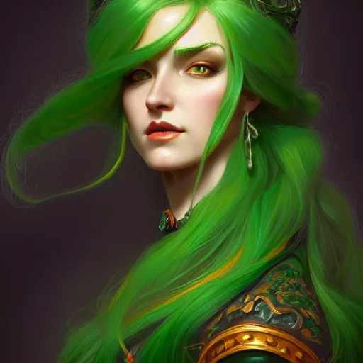 Image similar to aristocrat, green black orange color palette, female, d & d, fantasy, intricate, elegant, highly detailed, long green hair, digital painting, artstation, octane render, concept art, matte, sharp focus, illustration, hearthstone, art by artgerm, alphonse mucha johannes voss