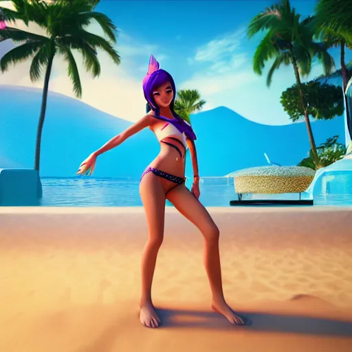 Prompt: pool party ahri catching the sun in hawaiian beach, ocean in the horizon, 3d render, octane render, 4k, very detailed, volumetric, instagram