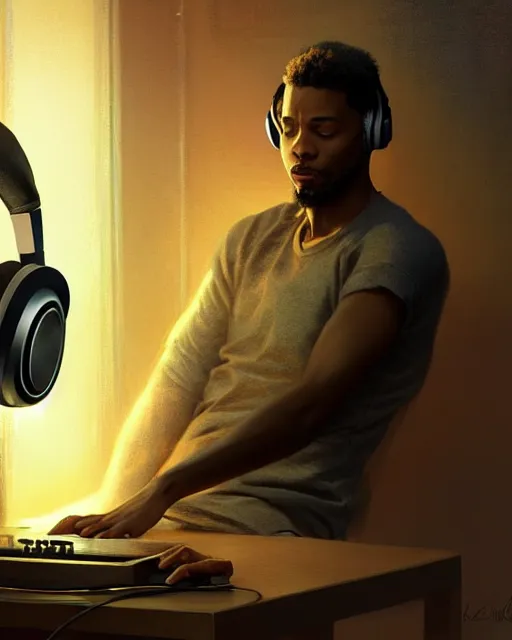 Image similar to light skin black man with headphones at his home studio producing music late at night, very detailed, 4 k, concept art like ernest khalimov, intricate details, highly detailed by greg rutkowski, ilya kuvshinov, gaston bussiere, craig mullins, simon bisley