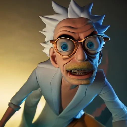 Image similar to full body pose, hyperrealistic photograph of rick sanchez from rick and morty, dim volumetric lighting, 8 k, octane beautifully detailed render, extremely hyper detailed, intricate, epic composition, cinematic lighting, masterpiece, trending on artstation, very very detailed, stunning, hdr, smooth, sharp focus, high resolution, award, winning photo, dslr, 5 0 mm