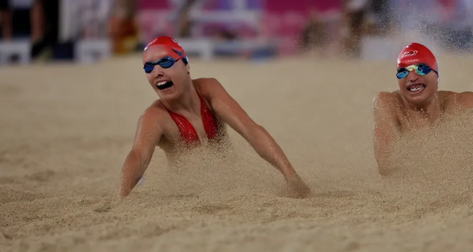 Image similar to olympic swimming in sand instead of water, extremely coherent, motion blur