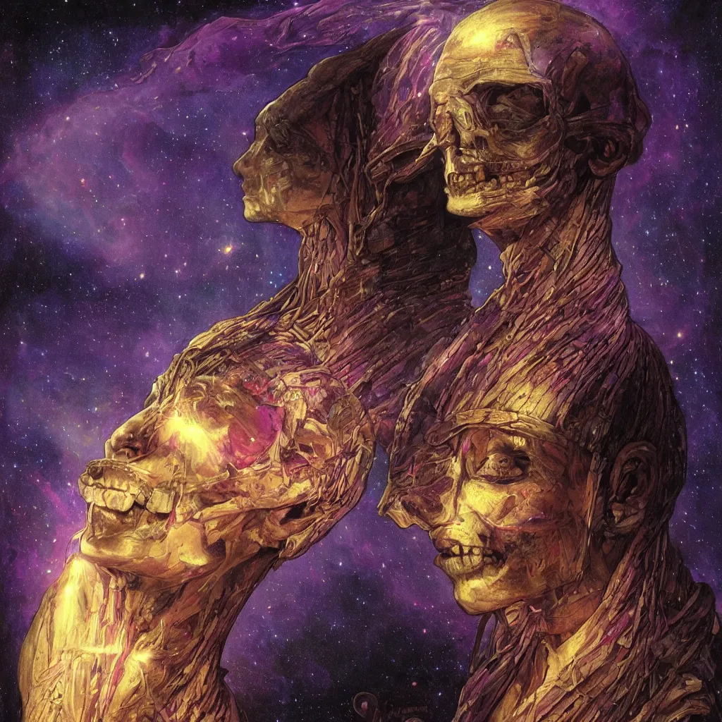 Prompt: intense glowing egyptian mummy god with ancient bandages and intense black eyes with a skull in very dark cosmic nebula by artgerm and beksinski and alphonse mucha, portrait, centered, symmetrical, clear, light beams, lens flare, intense, pharoah, uhd, amazing depth, cinematic lighting, black and purple and shining gold