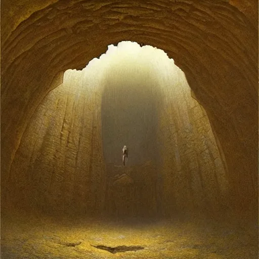 Prompt: an explorer standing in an ancient city!! inside a cave, by Beksinski and Lauire Lipton