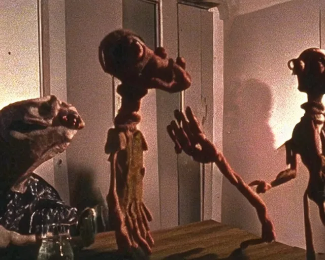 Prompt: still from a 1 9 9 3 surreal creepy live - action stop - motion puppetry film by fred stuhr in the style of a tool music - video, involving prison and clocks.