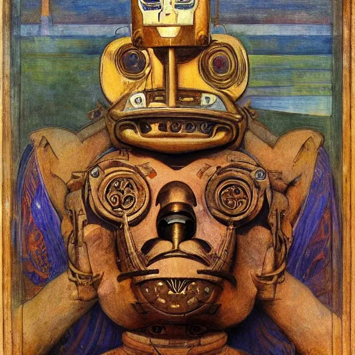 Image similar to the robot king with his bird mask, by Annie Swynnerton and Diego Rivera and Elihu Vedder, symbolist, dramatic lighting, elaborate geometric ornament, Art Brut, soft cool colors,smooth, sharp focus, extremely detailed, Adolf Wölfli and Donato Giancola