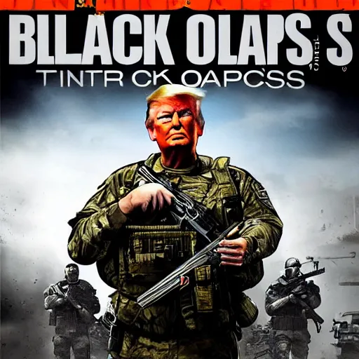 Prompt: Donald Trump is a soldier on the cover of Black Ops 2