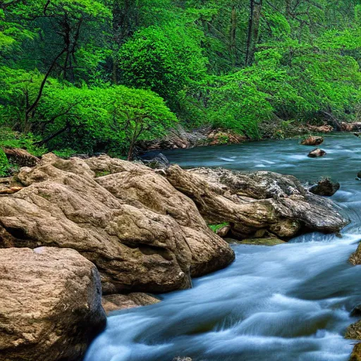 Image similar to landscape, forest, river, rocks