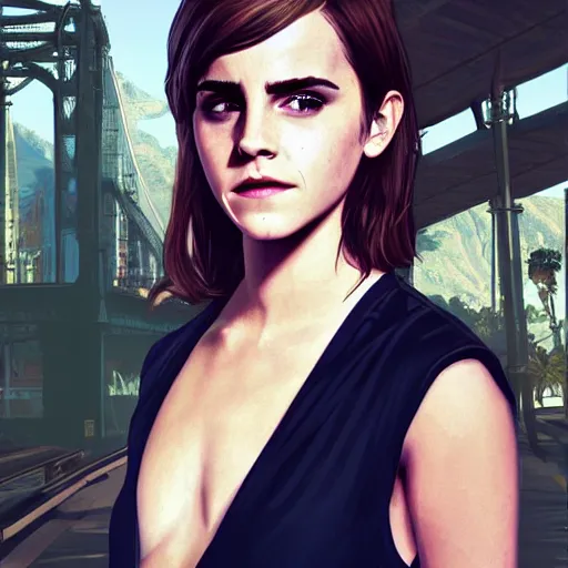 Image similar to emma watson in gta v, cover art by stephen bliss, artstation, no text