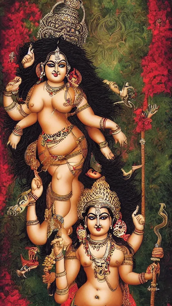 Image similar to curvy body of hindu goddess devi, holding a skull on one hand and trident on another, posing for playboy photoshoot