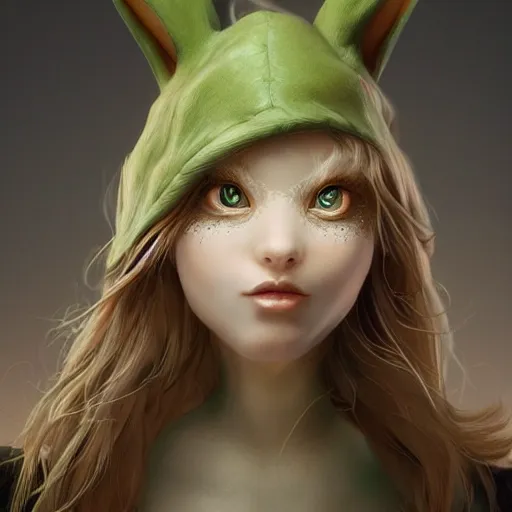 Image similar to 1. 5 metres tall anthropomorphic bunny, green eyes, light brown fur, light hair, wlop, artgerm, highly detailed, dramatic lighting