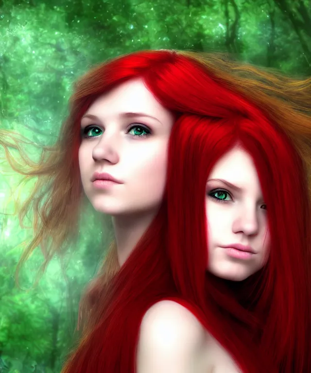 Image similar to Fae teenage girl, portrait, face, long red hair, green highlights, fantasy