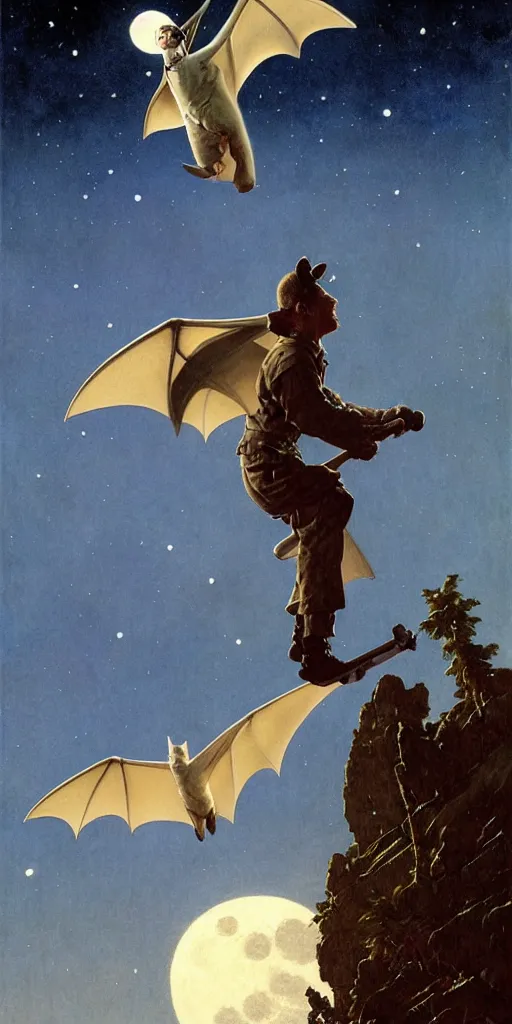 Image similar to a white bat, flying against a night sky, mountain in the background, moonlight, denoised, very detailed, painted by james gurney, norman rockwell, tom bagshaw