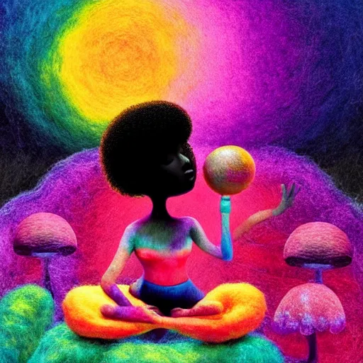 Image similar to a black girl with a colorful afro and big beautiful eyes meditating in a rainbow magic mushroom zen garden with her crystal ball, bokeh!!!, bright colors, synthwave, watercolor, volumetric wool felting, felt, macro photography, children illustration, by goro fujita