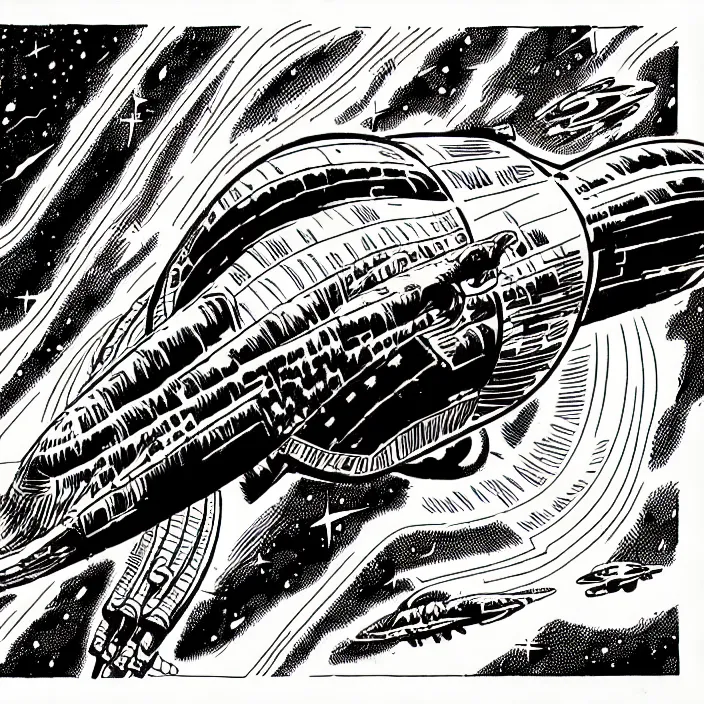 Image similar to a dinosaur spaceship in space, inked illustration, in the style of jack kirby, 1 9 8 5, sharp detail