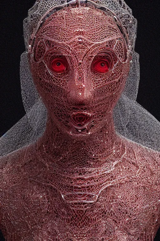 Prompt: Cinestill of a melancholic realistic 8k Sculpture of a complex robotic human face, liquid simulation, dramatic lighting, silver gold red details, hexagonal mesh wire, filigree intricate details, cinematic, fleshy musculature, white blossoms, elegant, octane render, 8k post-processing, by Yoshitaka Amano, Daytoner, Greg Tocchini