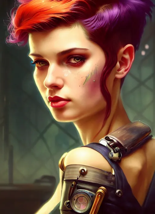 Prompt: character portrait of young woman as a a beautiful barmaid, pixie cut with shaved side hair, bad attitude, dystopian cyberpunk steampunk soviet mood, intricate, wild, highly detailed, digital painting, artstation, concept art, smooth, sharp focus, illustration, art by artgerm and greg rutkowski and alphonse mucha, vibrant deep colors
