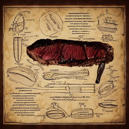 Image similar to highly detailed schematic of steak, parchment, da vinci