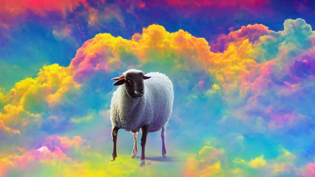 Image similar to portrait of a sheep on a colorful nebulous cloud backdrop