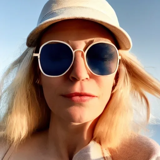 Prompt: a very beautiful still of a beautiful white blonde - haired woman with a pony tail and state - of - the - art glasses leaning her hat slightly sidewards, golden hour, eyes closed front shot very close - up hyper detailed eyes, hyper detailed hair