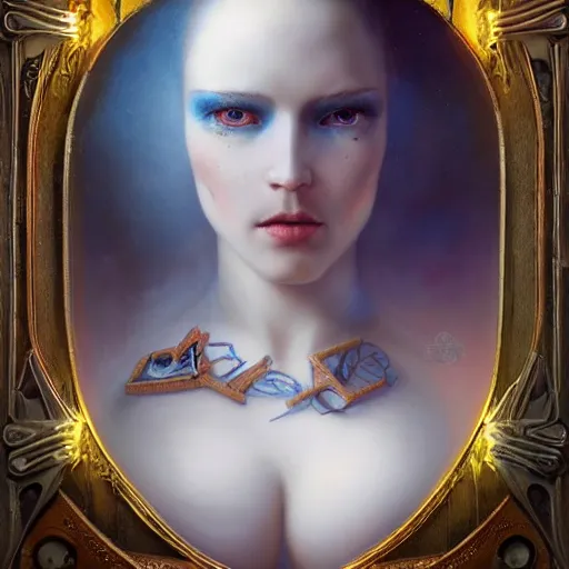 Prompt: by tom bagshaw, ultra realist vivid soft painting of a carnival of curiosities, single curvy flirt etheral young steampunk female in a full ornated armor gears breathtaking almond blue eyes, cables, led, flying machinery, partial symmetry accurate features, very intricate details, focus, award winning, ultra dense fog