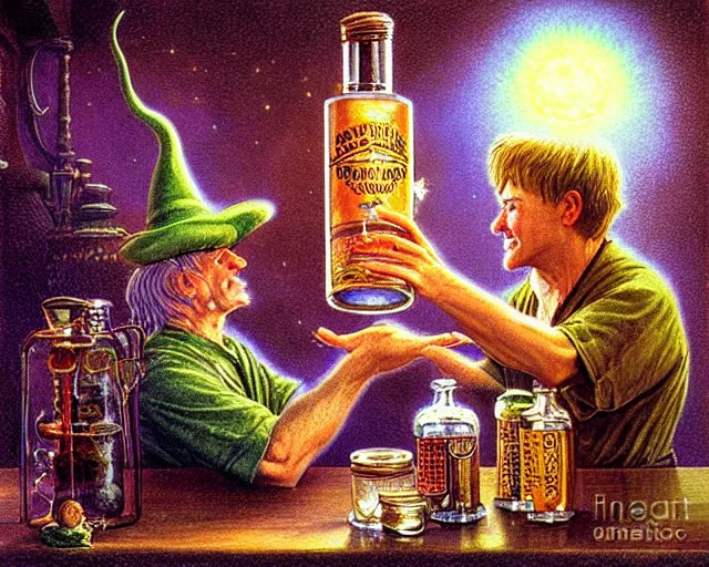 Image similar to A richly detailed fantasy digital art of an ancient vintage apothecary magic arcane nebula healing elixir potion bottle trading card an esoteric blender render by Bob Eggleton, two jolly wizards enthusiastically drinking and imbibing magic potions