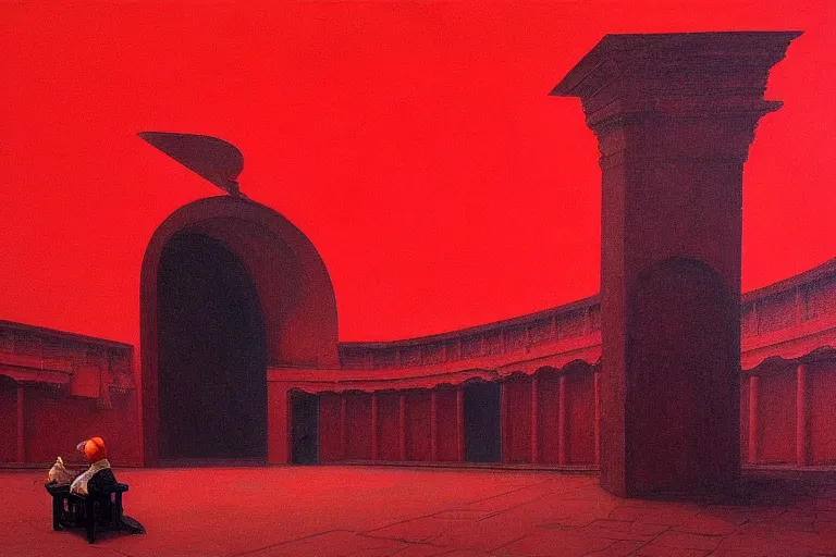 Image similar to only with red, a red melted emperor in an authoritarian position, taormina amphitheatre, crowd hails him, in the style of beksinski, parts by edward hopper, parts by rodcenko, parts by yue minjun, intricate and epic composition, red by caravaggio, insanely quality, highly detailed, masterpiece, red light, artstation, 4 k