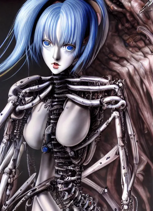 Prompt: Rei Ayanami by Yoshitaka Amano, by HR Giger, biomechanical hand, 4k, wide ayes, hyper detailed, hyperrealism, anime