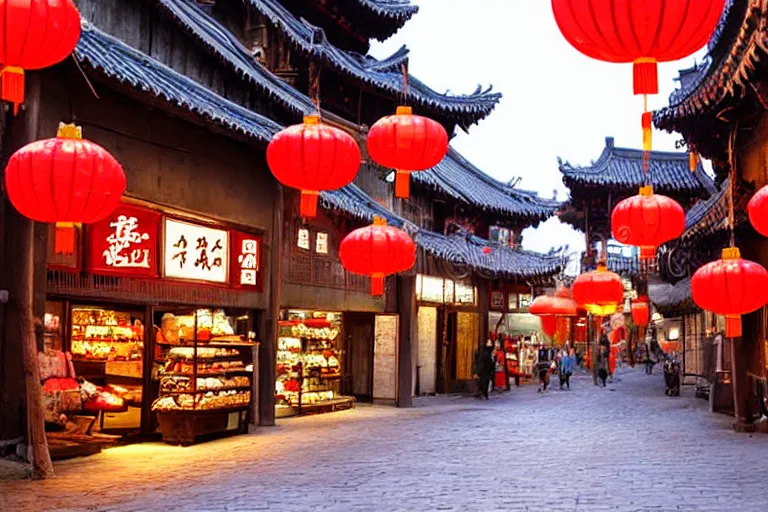 Prompt: Miniature of a rustic chinese street with shops, glowing lamps, 3D render