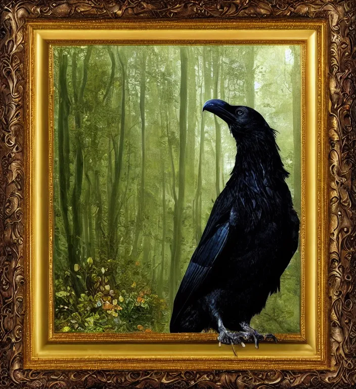 Image similar to a breathtakingly stunningly pre raphaelite beautifully highly detailed close up animal portrait of a majestic raven, in an forest arch with smokey water reflections, framed, by rosetti and devinci and michael cheval and sidney cooper and turner, 4 k