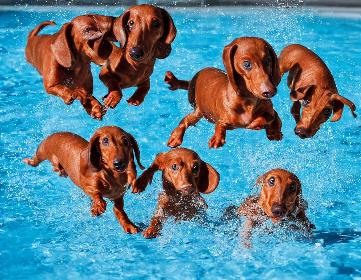 Prompt: dachshund and a pig playing in a pool, photography, hyper-realistic, 4k