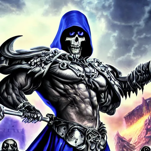 Prompt: skeletor photorealistic, highly detailed, marvel production, 4 k, portrait, castle grey skull in the background blurred, high contrast