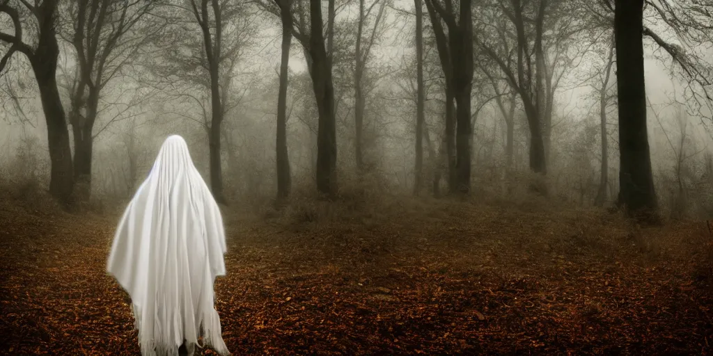 Image similar to a white female ghost in a ominous forest, autumn, 35mm, cinematic atmosphere, mist, photorealistic, depth of field, gloomy