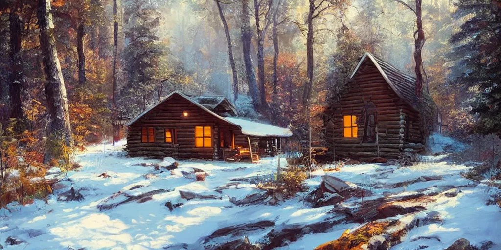 Image similar to a remote cabin in the woods that has a sign that says you kids better stay off my law, hyperrealistic, 8k by RHADS