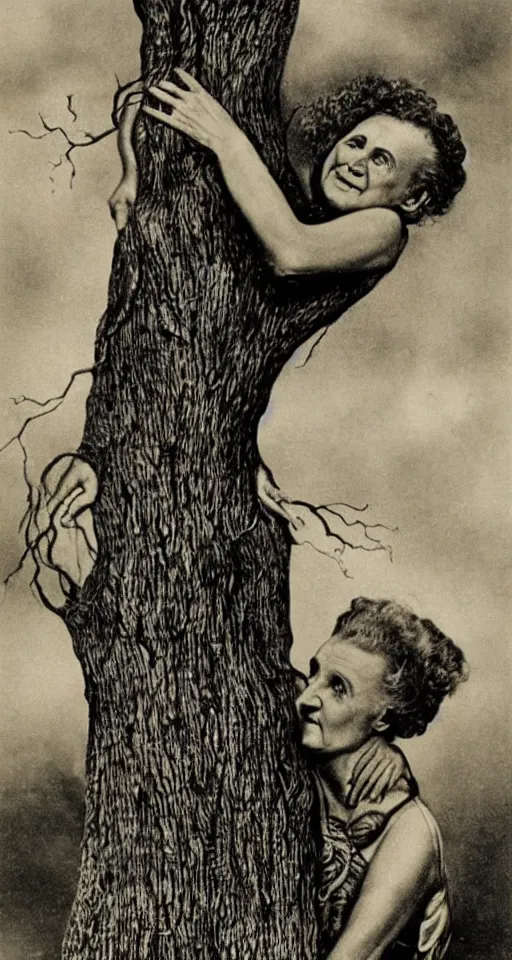 Image similar to Marie Curie hugging a tree by Salvador Dalí