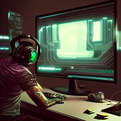 Image similar to realistic man using laptop in gaming room, artstation trends, cyberpunk concept art, highly detailed, intricate, sharp focus, digital art, 8 k