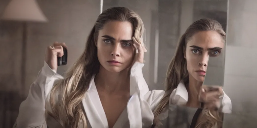 Prompt: ultra wide angle photo of cara delevinge dressed in a white blouse and black dress pants as diana prince looking at herself in a bathroom mirror and seeing her reflection as wonder woman