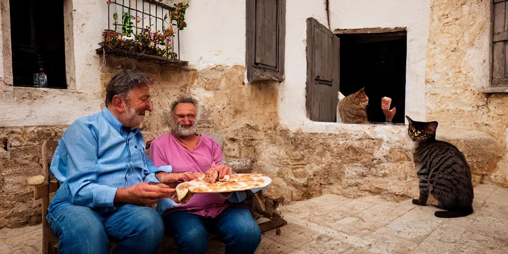 Prompt: photography of a cat sharing mortadella with his loved owner at a trullo house, photoreal, 3 5 mm, award winning photography