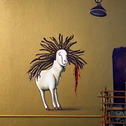 Prompt: a medieval wall painting of a Rastafarian sheep with dreadlocks, trending on artstation