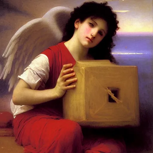 Image similar to Angel crying on top of a red ocean cube, oil painting by William-Adolphe Bouguereau