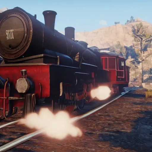 Image similar to futuristic sleek steam locomotive in red dead redemption 2